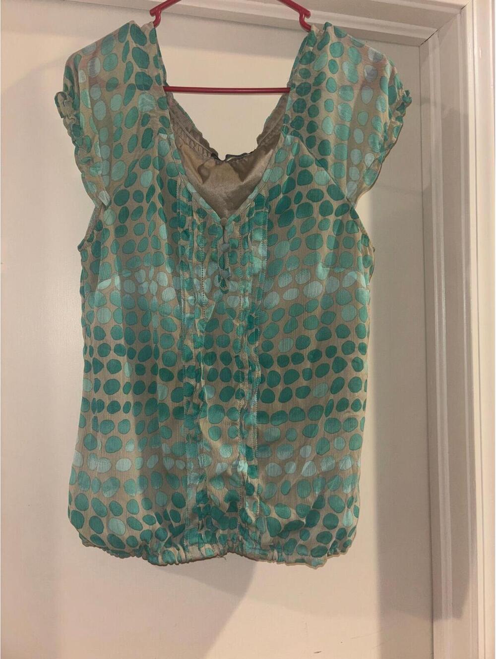 Zac & Rachel Teal Polka Dot Ruffle Blouse Size M Sheer Top